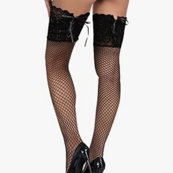 Black fishnet thigh high OTK sock lace corset burlesque garter belt lingerie new - Picture 7 of 12